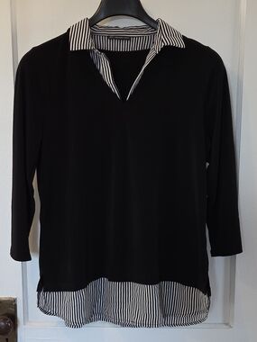 Adrianna Papell "Twofor" Black And White Striped Collar V-Neck Blouse 3/4 Sleeve